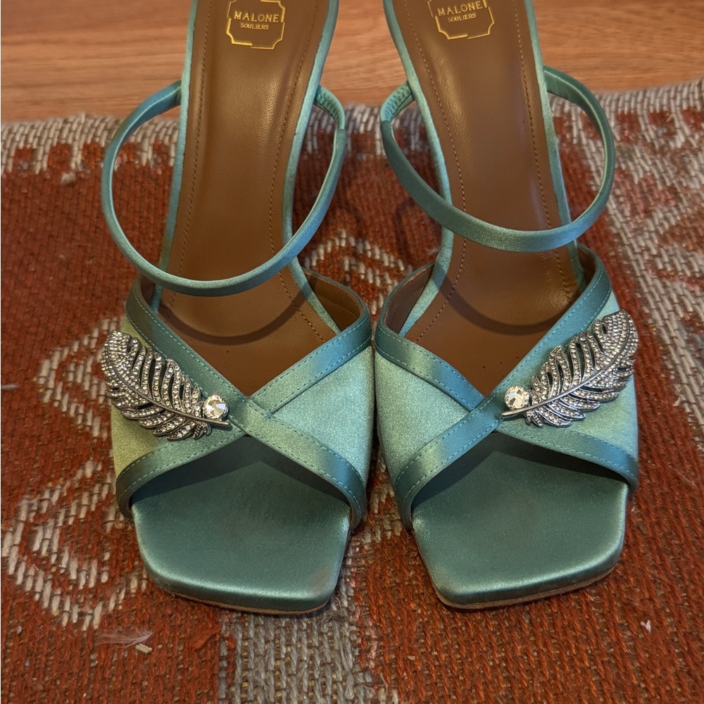 Malone Souliers Turquoise Satin Heels with Crystal Leaf Detail